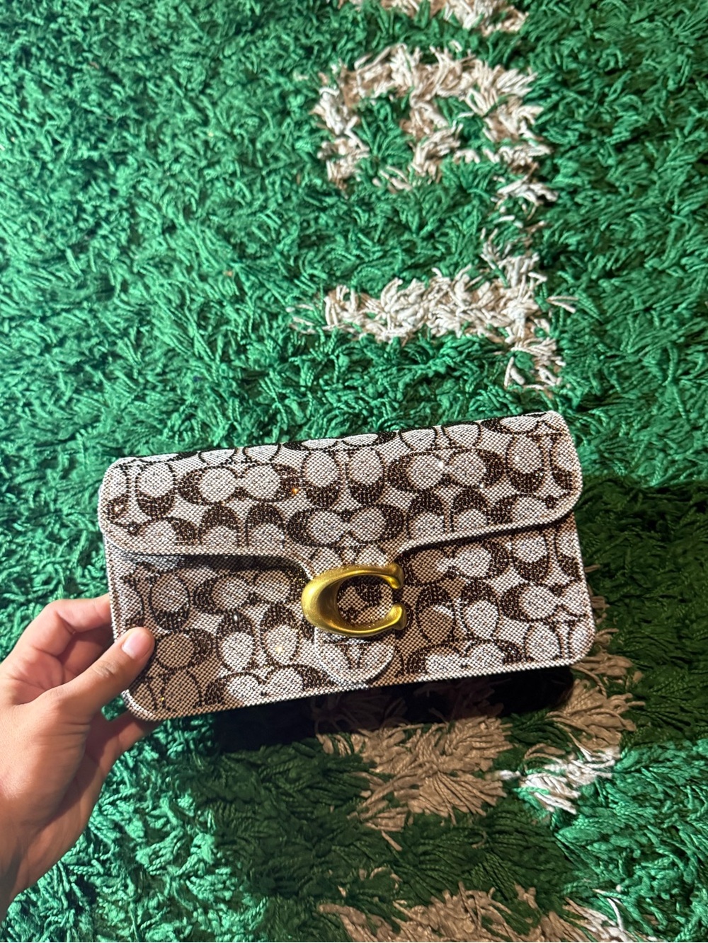 Coach Canvas Signature Clutch in Brown and Cream with Gold Hardware